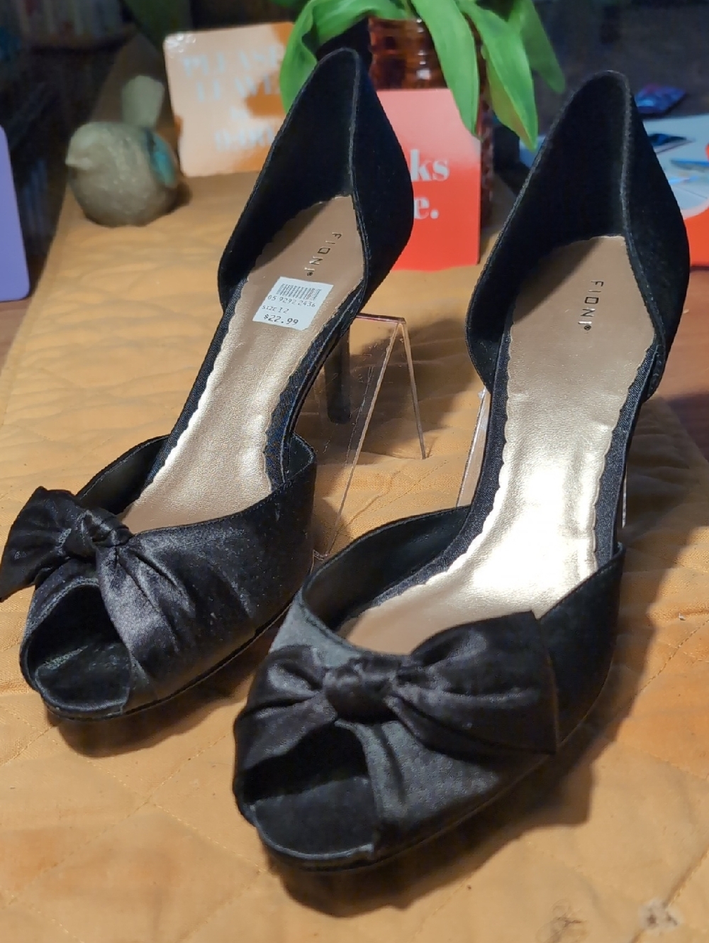 FIONI Clothing Black Satin Peep-Toe Bow Heels with D'Orsay Sides